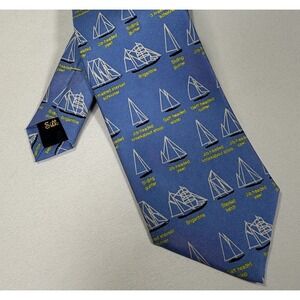 Men's 100% Silk Tie Josh Bach Blue Sailboat All Over Print Nautical Boat Necktie